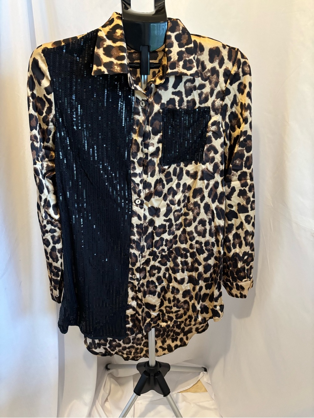 Leopard Print Button-Down Shirt with Black Sequin Panel